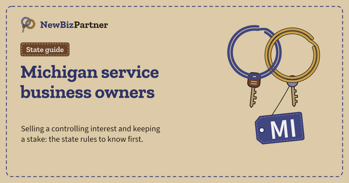 Illustration: two linked key rings, one denim and one gold, each holding a key, with a shipping tag for Michigan.