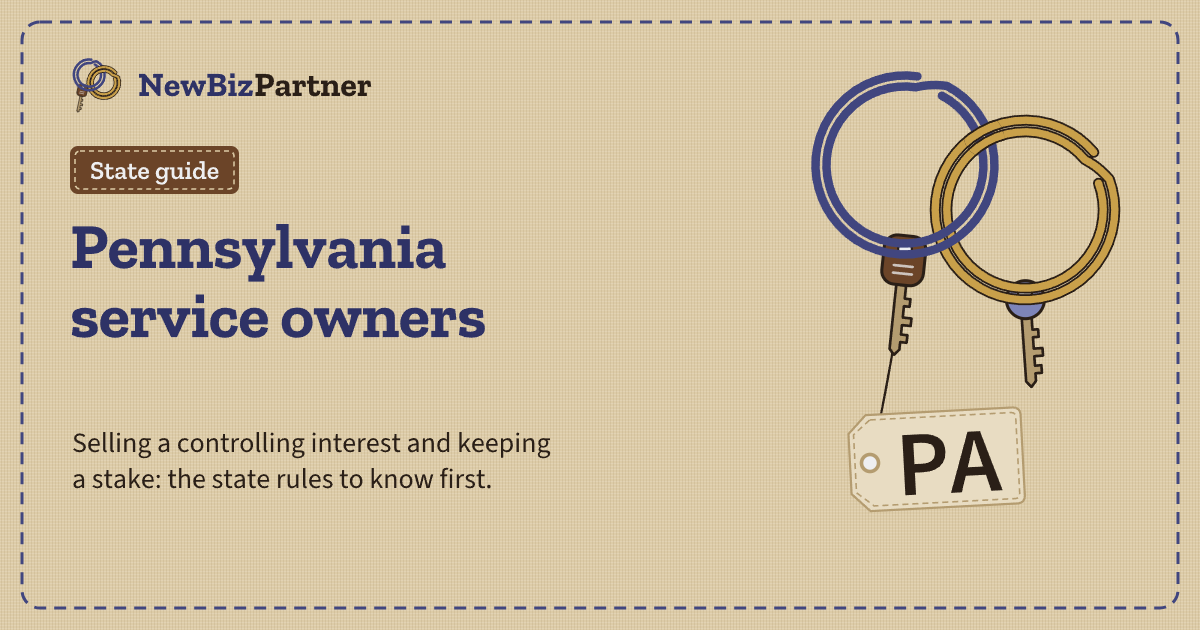 Illustration: two linked key rings, one denim and one gold, each holding a key, with a shipping tag for Pennsylvania.