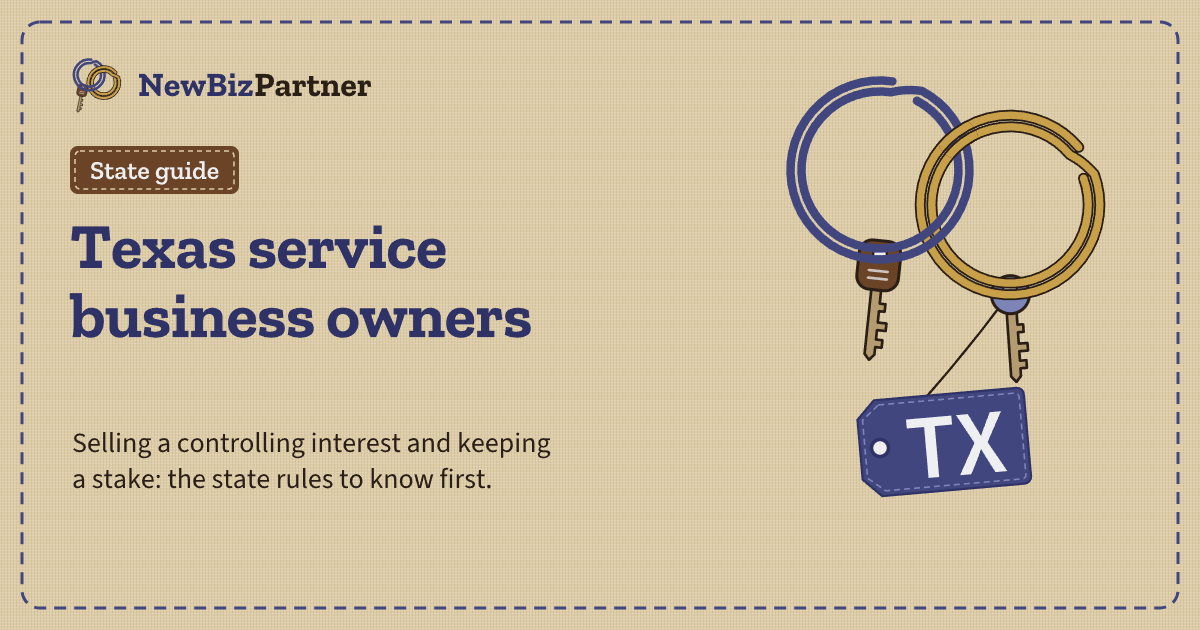 Illustration: two linked key rings, one denim and one gold, each holding a key, with a shipping tag for Texas.